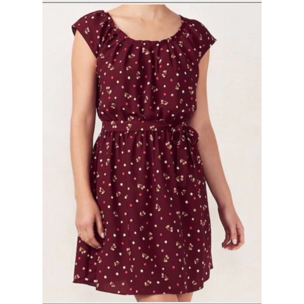 LC Lauren Conrad Deep Red cherry print dress with self belt  | small